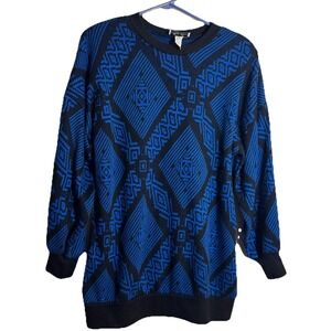 Vintage Risa Ann USA Sweater Blue Black Geometric Knit Pullover Crew Women Large